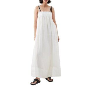 Lee Matthews Lillian Smocked Linen Maxi Dress Womens 5 XL White Black Sleeveless